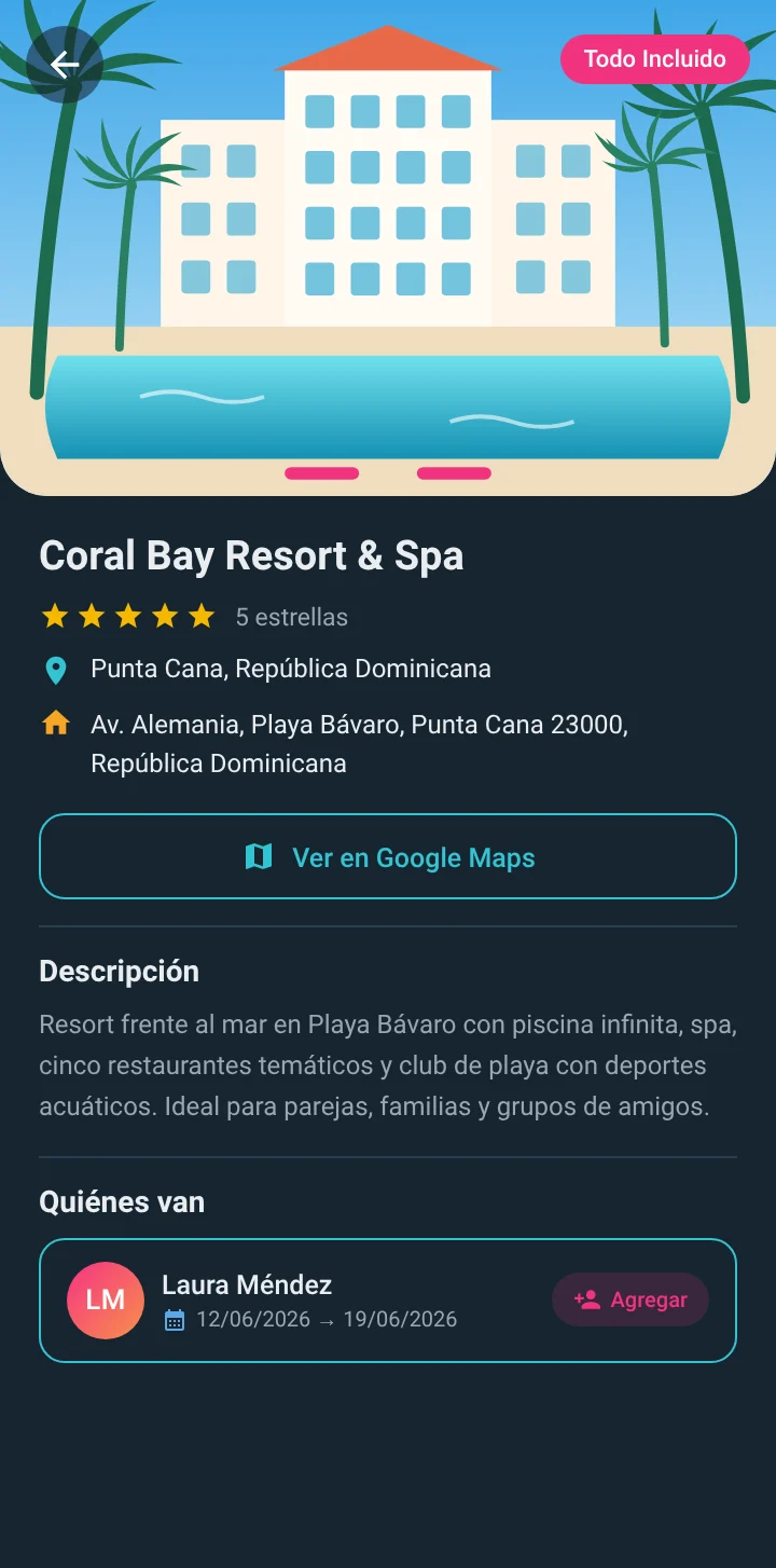 Ficha de un resort con estrellas, ubicación y descripción